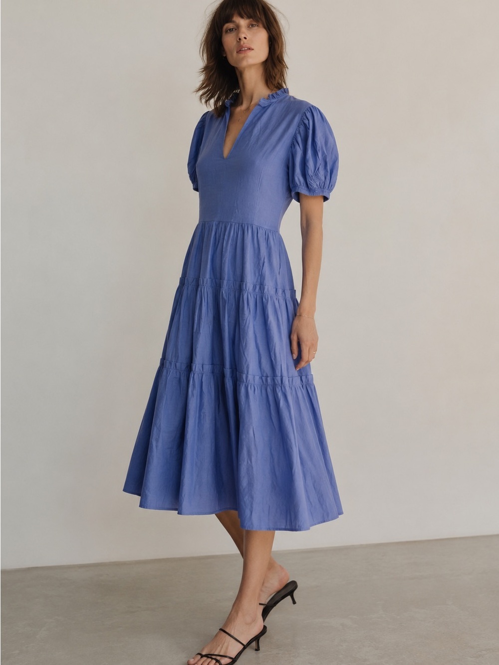 TAYLOR TILLMAN NY Georgette Cobalt Puff-Sleeve Tiered V-Neck Midi Dress NWT